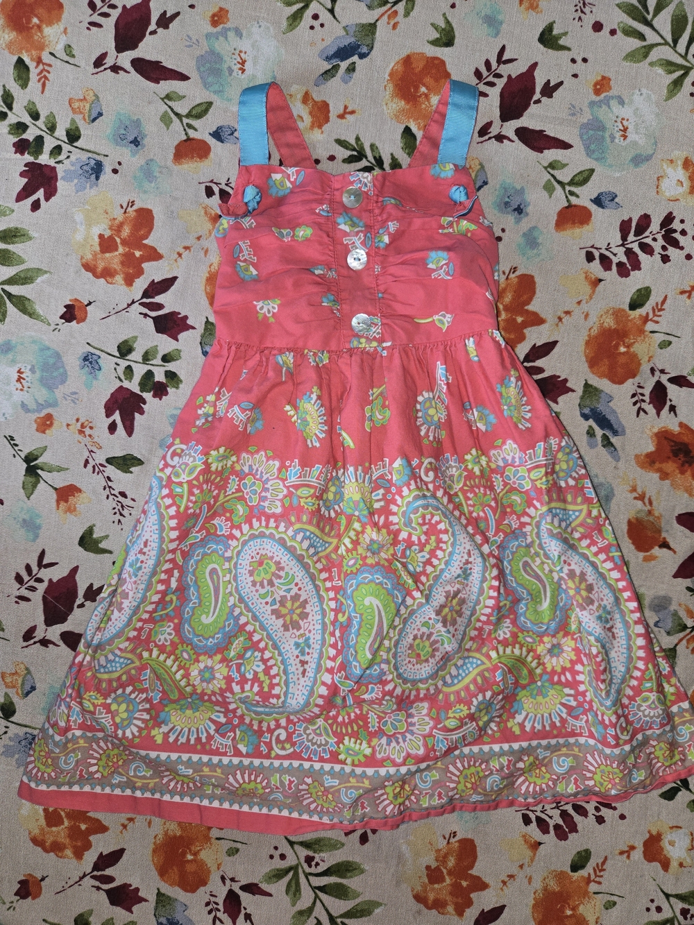 Bonnie Jean Coral Paisley Sundress with Blue Straps and Multicolor Print